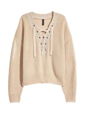 🧶 2/22$ 🧶 H&M Tan Brown Lace-Up V-Neck Knit Sweater